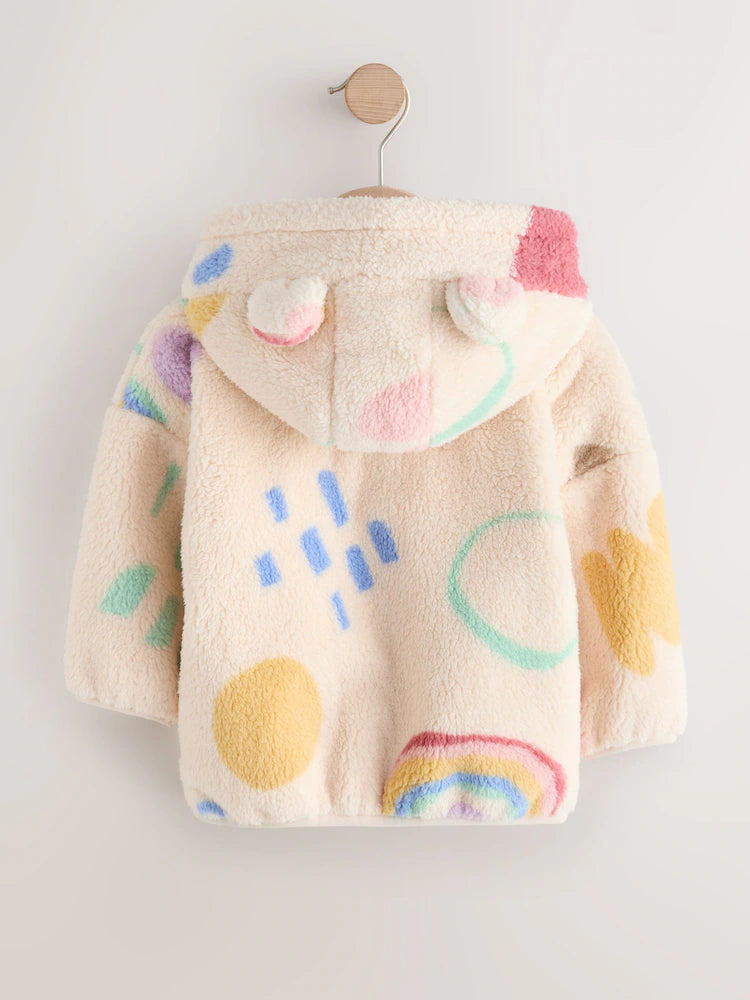 Cream Doodle Print Zip Through Fleece Jacket
